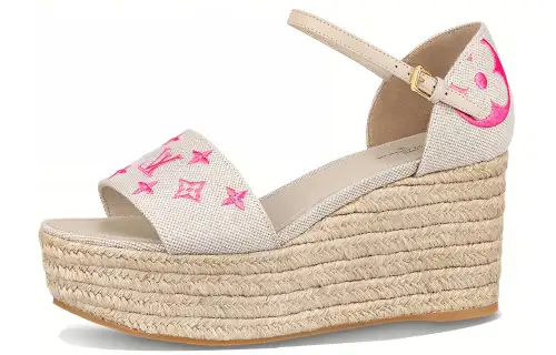 LOUIS VUITTON Starboard Wedge Heel One Strap Sandals Women's Beige Pink