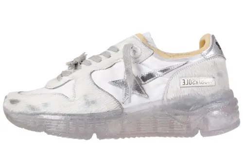 Golden Goose Running Sole Leather Horse Hair White Silver Glitter Sole