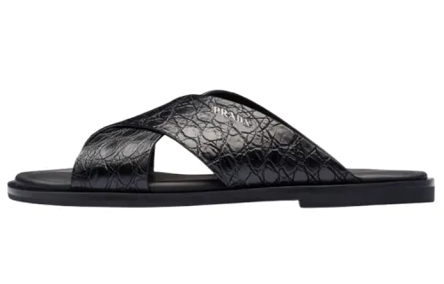 PRADA Crocodile Leather Logo Fashion Slippers Men's Black