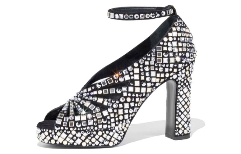 CHANEL Leather Chunky Heel High Heels 11cm Women's White Black