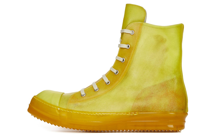 RICK OWENS/RO Cow Leather High top Stylish Skateboarding Shoes Men's Yellow Distressed