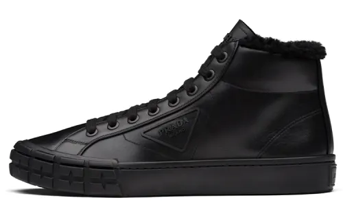 PRADA Wheel Cassetta Leather High top Skateboard Shoes Men's Black