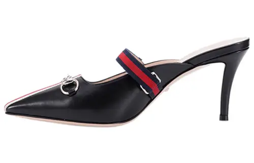 GUCCI Horsebit Leather Slim Heel Closed Toe Slippers 8cm Women's Black