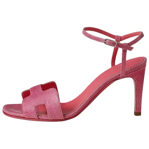HERMES Heden Lizard Skin One Strap Sandals 8cm Women's Rose Pink