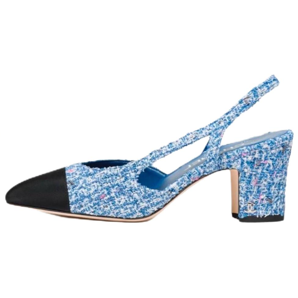 CHANEL 25P Spring Summer Cotton Fabric Chunky Heel High Heels 6.6cm Women's Blue