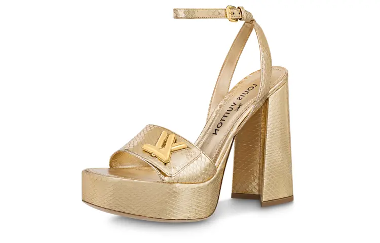 LOUIS VUITTON Shake Leather One Strap Sandals 12cm Women's Gold