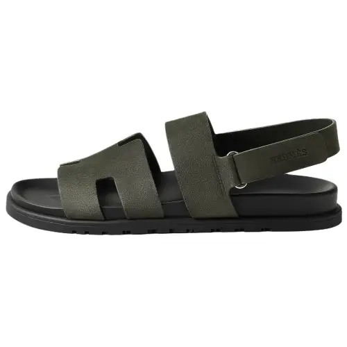 HERMES Genius Suede One Strap Sandals 1.2cm Men's Dark Green