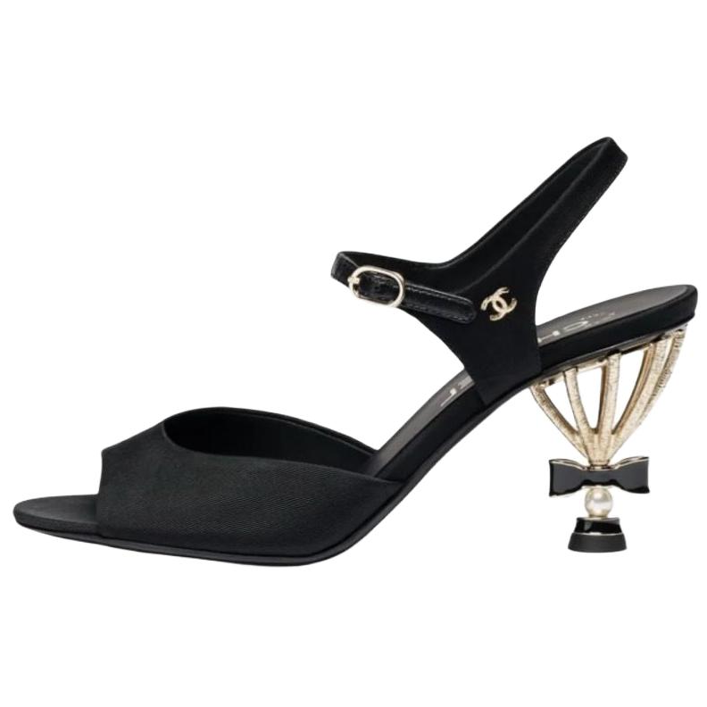 CHANEL 25S Leather One Strap Sandals 8cm Women's Black