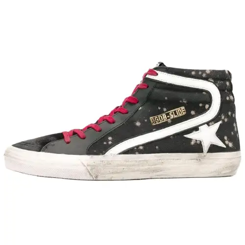 Golden Goose Slide Leather High top Skateboard Shoes Men's Black Distressed