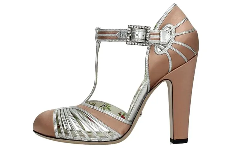 GUCCI Leather Chunky Heel High Heels Women's Pink Silver