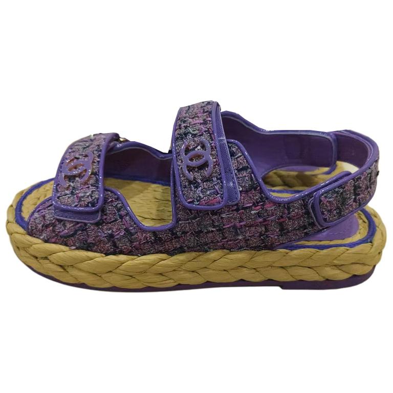 CHANEL 23A Leather, Textile One Strap Sandals Women's Purple