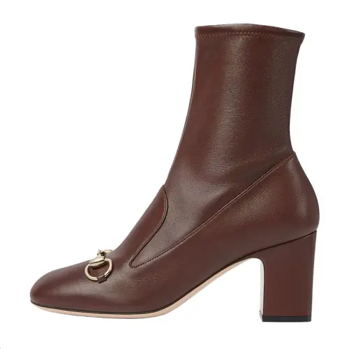 GUCCI Horsebit Leather Ankle Boots 7.5cm Women's Dark Brown