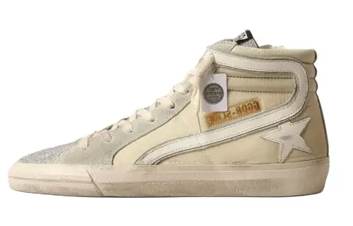 Golden Goose Slide Leather High top Skateboard Shoes Women's Gray Beige Distressed