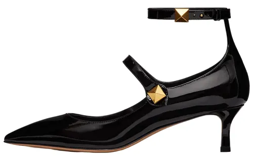 Valentino TIPTOE Patent Leather Slim Heel Mid Low Heel Shoes Women's Black