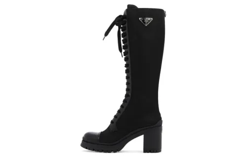 PRADA Leather Lace Up Knee high Boots Women's Black