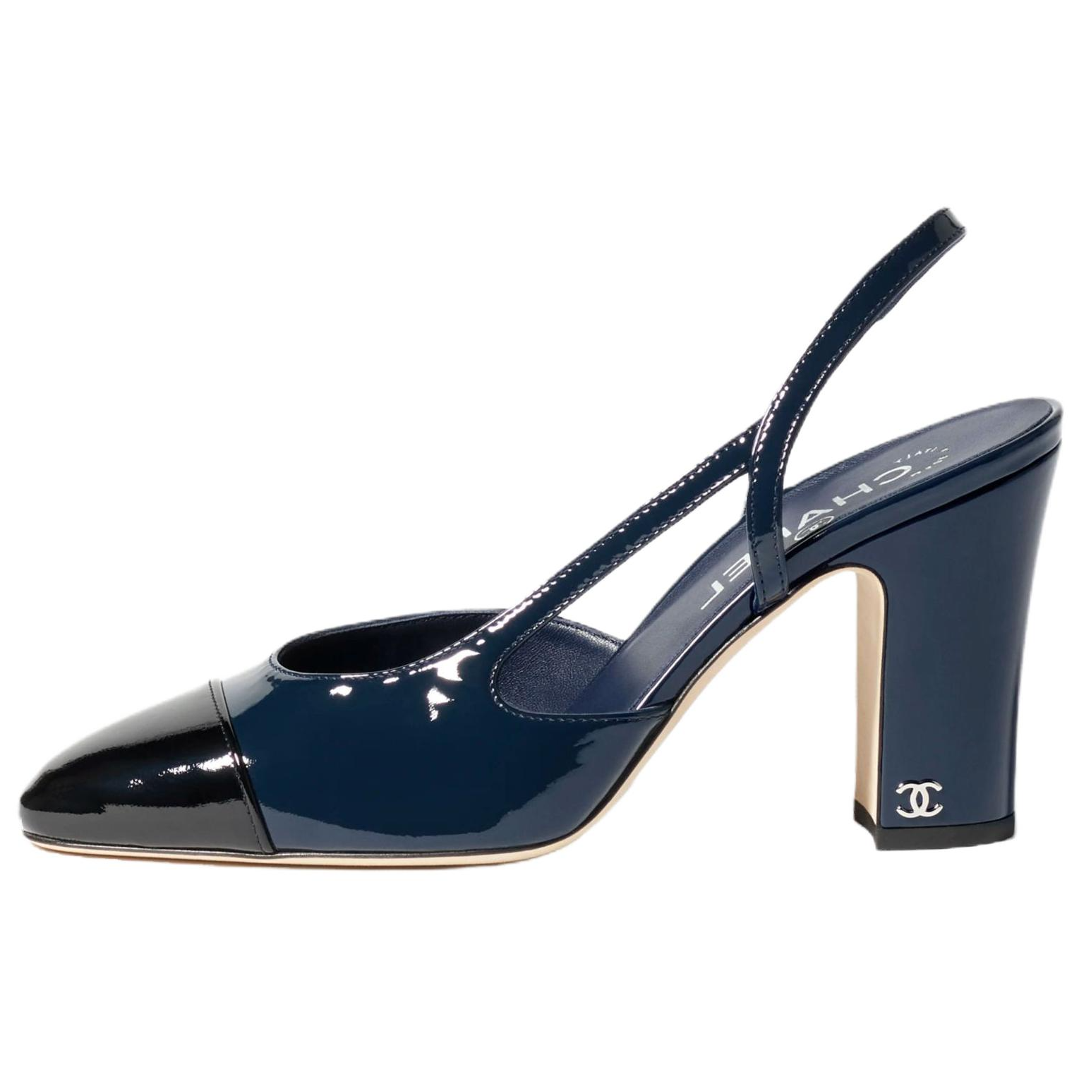 CHANEL 25A Patent Leather Chunky Heel High Heels 9cm Women's Marine Blue