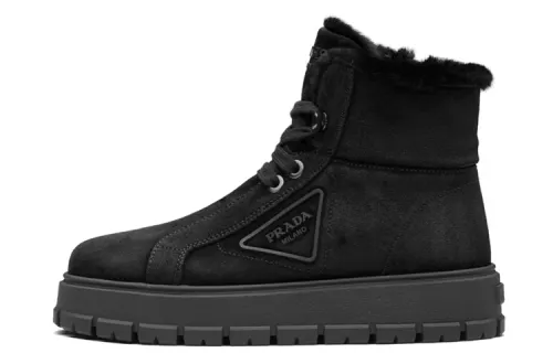PRADA Fleece Lined Lace Up Versatile Ankle Boots Women's Black