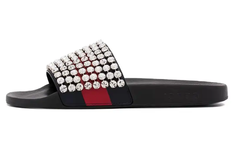 GUCCI Crystal Embellished Web Slide Black Blue Red Women's