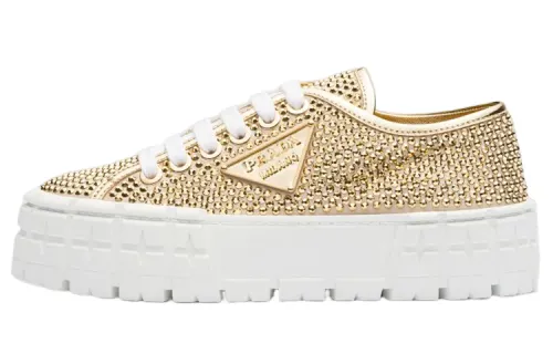 PRADA Leather Artificial Crystal Low top Stylish Skateboarding Shoes Women's Gold