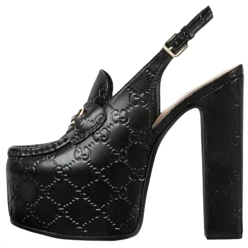 GUCCI Horsebit Leather Chunky Heel High Heels 14.5cm Women's Black
