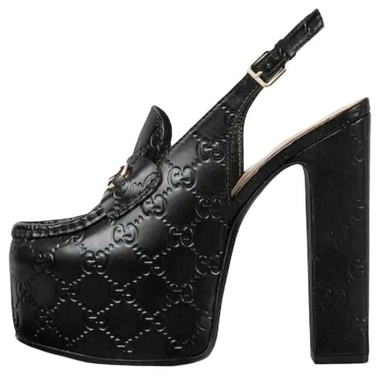 GUCCI Horsebit Leather Chunky Heel High Heels 14.5cm Women's Black
