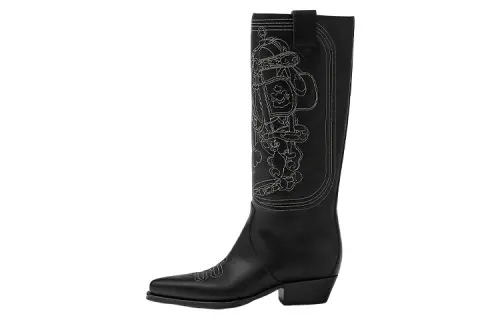 HERMES Folk 35 Leather Knee high Boots Women's Black