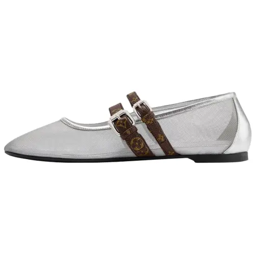 LOUIS VUITTON Mesh Flat Mary Jane Shoes Women's Silver