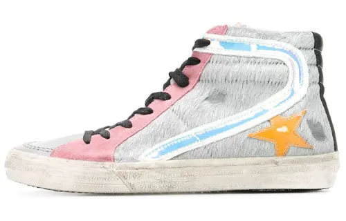 Golden Goose Slide Skateboard Shoes Women's High Top Silver Pink