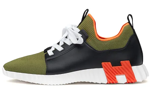 HERMES Depart Cow Leather, Textile Low top Casual Shoes Men's Green Black