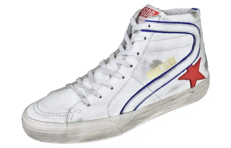 Golden Goose Slide Leather High top Skateboard Shoes Men's White Distressed