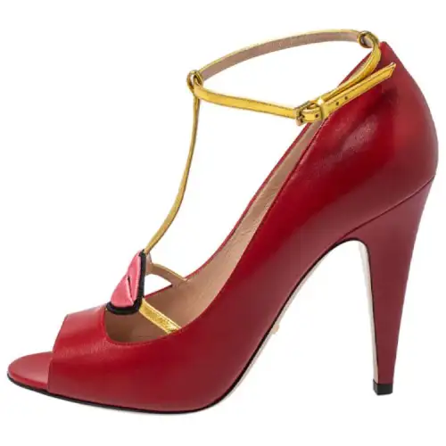 GUCCI Molina Lips Leather Stylish Sandal Women's Red