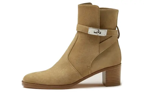 HERMES Leather Buckle Ankle Boots Women's Brown