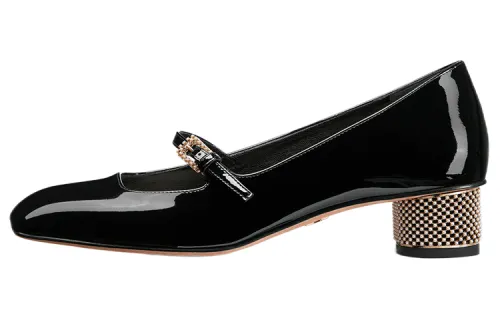 DIOR D Shine Patent Leather Chunky Heel Medium Heel Shoes Women's Black