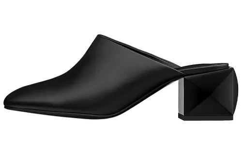 HERMES Block Heel Closed Toe Slippers 5.5cm Women's Black