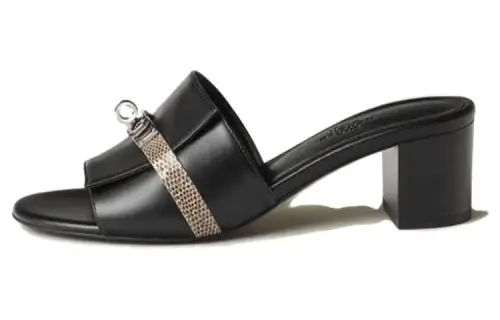 HERMES Gigi Lizard Skin One Strap Sandals 5CM Women's Black Gold
