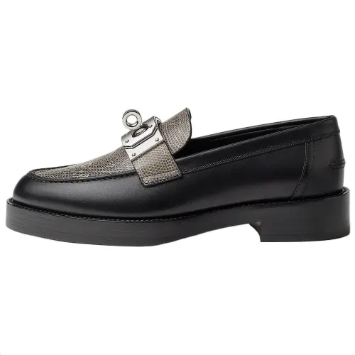 HERMES Hot Lizard Skin Loafers 4cm Women's Black