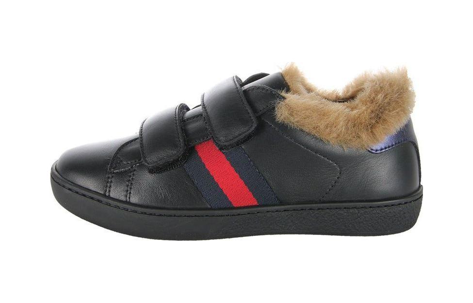GUCCI Gucci ACE cowhide, plush lining, fashionable and versatile, casual low-top children's sneakers, black, small and medium-sized children