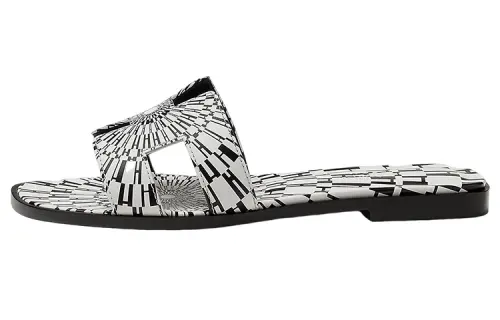 HERMES Oran Slip on Slide Slippers Women's Black White