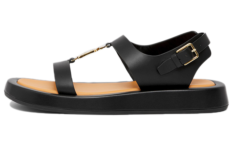 Burberry Monogram Top Grain Cow Leather Low top One Strap Sandals Women's Black