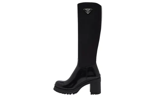 PRADA Leather Logo Knee high Boots Women's Black