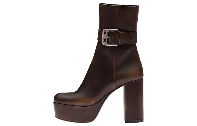 MIU MIU Leather Ankle Boots 11cm Women's Brown