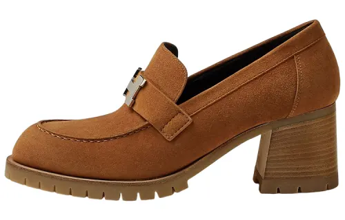 HERMES Foch Suede Chunky Heel High Heels 6CM Women's Brown