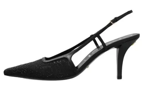 GUCCI Gg Slingback 75mm Pump Black Moire Fabric Gg Crytsal Applique Women's