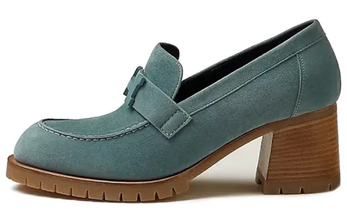 HERMES Foch Suede Fashion Chunky Heel High Heels Women's Blue