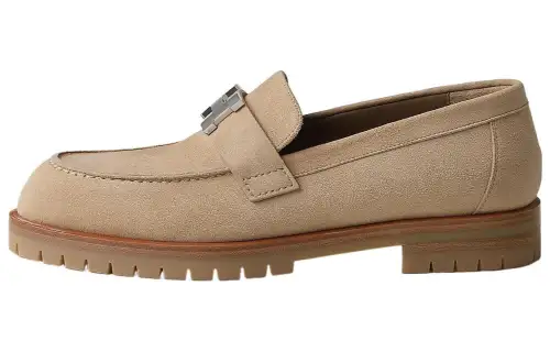 HERMES Faubourg Suede Loafers Women's Beige