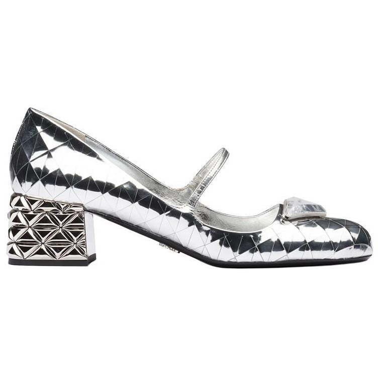 PRADA Leather Block Heel Mary Jane Shoes Women's Silver