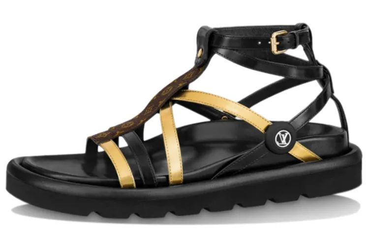 LOUIS VUITTON Pool Comfort One Strap Sandals Women's Black Gold