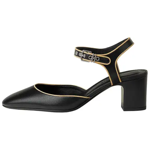 HERMES Kamilla Leather Chunky Heel High Heels 6CM Women's Black
