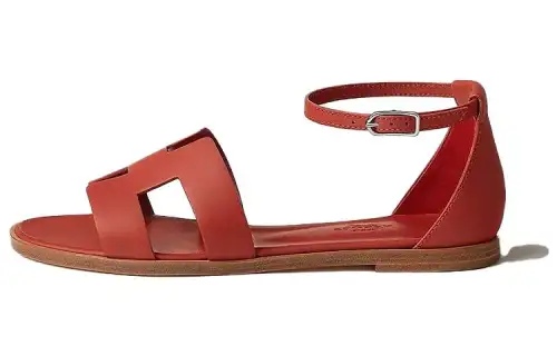 HERMES Santorini Leather One Strap Sandals Women's Red