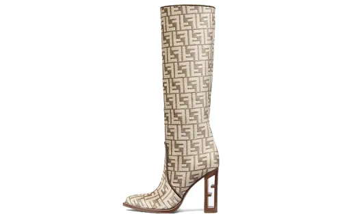 FENDI Cut Knee High Boots 11cm Women's Beige Gray